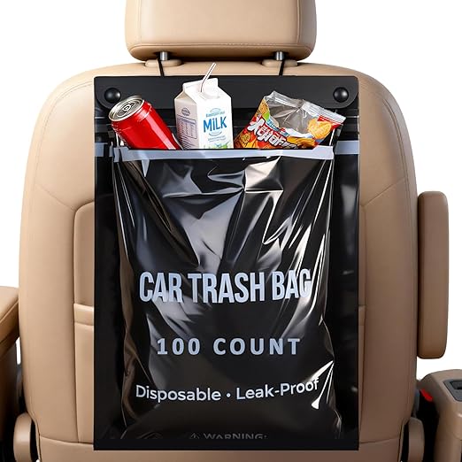 100 Count Disposable Car Trash Bags - 2 Gallon Leakproof & Smellproof Car Garbage Bags, Hanging & Stick-On Car Trash Can Alternative, 1.18 mil Heavy Duty for Car, SUV, Truck