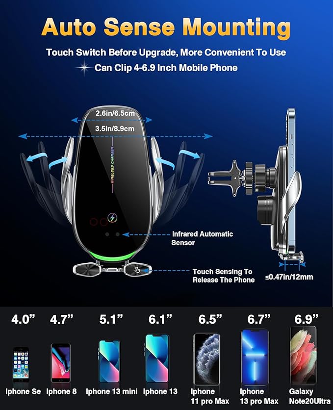 Wireless Car Charger,Mosurr 15W Auto Clamping Phone Holders for Your car fit for iPhone 16 15 14 Mini Pro Max, Samsung Galaxy S25 Ultra S24 S23+, etc, Fathers Day for Gifts (Sliver)