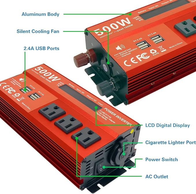 500W Peak 1000W Power Inverter for Vehicles,DC 12V to 110V AC,4 x 2.4A USB Ports car Plug in Adapter Outlet with 1 Cigarette Lighter Ports car Power Inverter