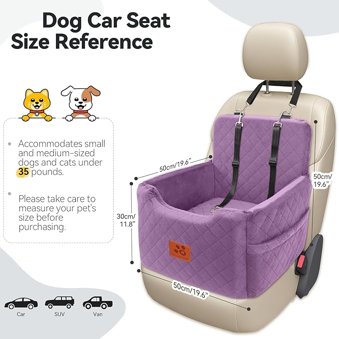 GL GLENSLAVE Dog Car Seat for Small/Medium Dogs Under 35lbs,Memory Foam Dog Booster Seats,Detachable and Washable Traval Pet Car Seat, Dogs Bed with 2 Safety Belts (Purple)