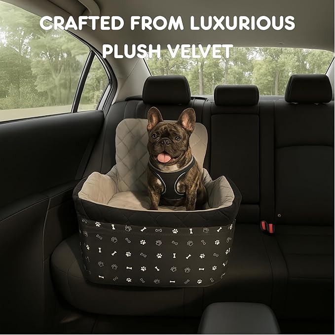 OtterPets Small Dog Car Seat, Memory Foam Dog Booster Car Seats with Thick Cushion for Medium Dogs Under 35lbs, 3Storage Pockets with Zipper, 2 Safety Belts (Black, Regular)