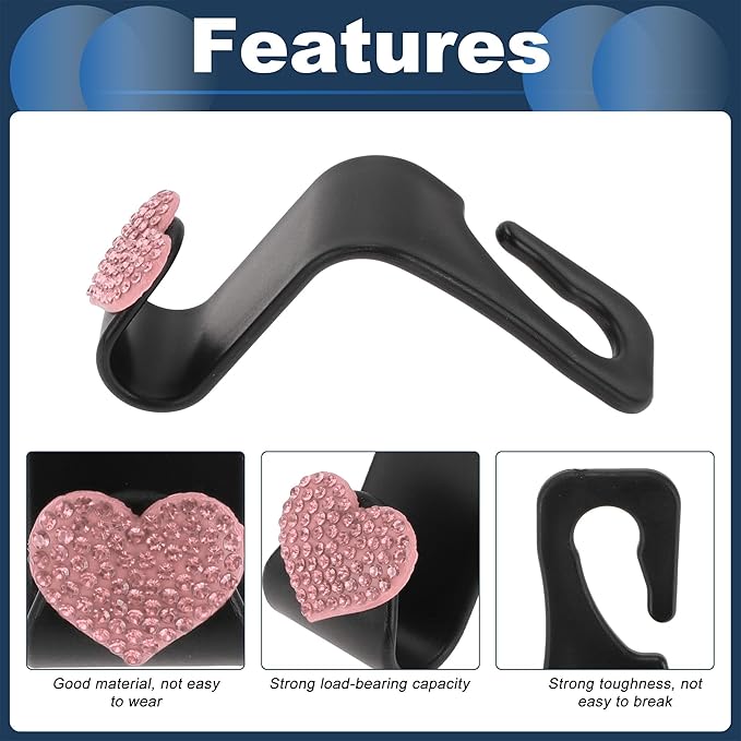 Car Seat Headrest Hook Interior Accessories for Most Car, SUV, Truck Car Seat Back Organizer Hooks Plastic Rhinestone Sturdy Pink 2.4"x1.26"