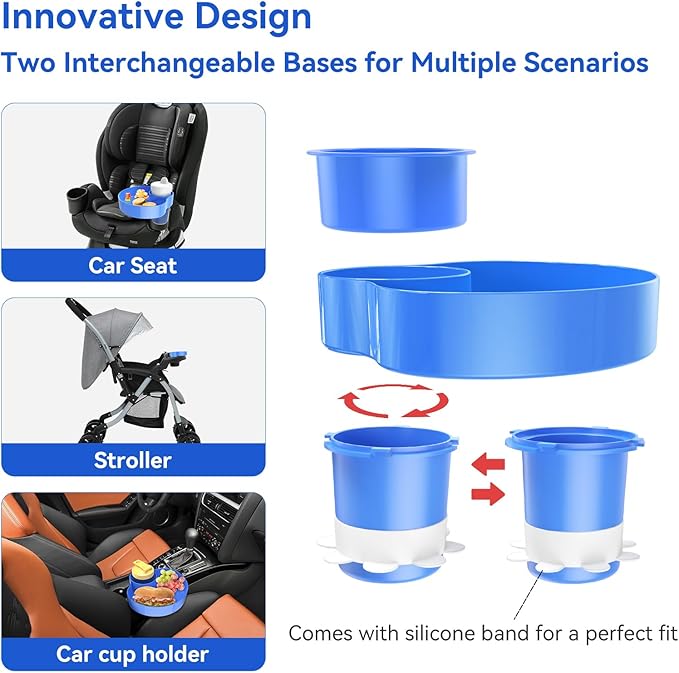 [2 PACK] Kids Car Seat Cup Holder Snack Tray - Toddler Travel Essentials for Mess-Free Snacking on Road Trips, Travel Accessory Compatible with Safety Seats & Strollers Console, (Blue+Pink)