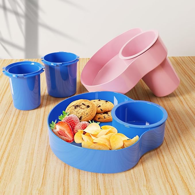 2PCS Car Seat Snack Tray for Kids: Kids Car Tray with Cup Holder, Toddlers Road Trip Essential, Travel Snacks Food Plate for Stroller, Snack Tray with a Cup Holder (Blue&Pink)