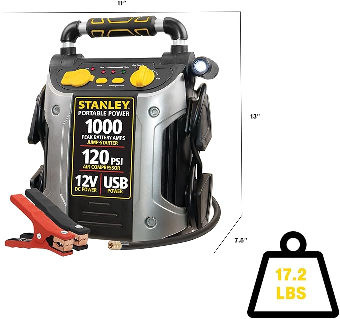 STANLEY J5C09 1000 Peak Amp Automotive Jump Starter, Portable Power – 2.1A/10W USB Port, 12V Outlet, 120 PSI Air Compressor for Tires, Bikes & Sports Equipment