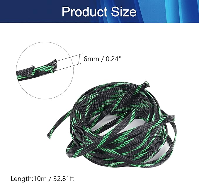 Aicosineg 32.81ft PET Flexible Braided Cable Sleeve 0.24inch Width Wire Loom Sleeving and Organizer Flexible Wire Mesh Sleeve for TV Audio PC Cords from Pets Chewing Black and Fluorescent Green