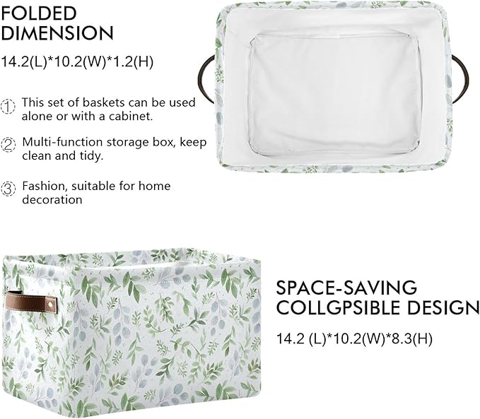 Wamika Eucalyptus Leaves Storage Basket with Waterproof Liner and PU Handles Green Leaf Storage Bins Boxes 14.2" Collapsible Decorative Organizer Baskets for Bedroom Closet Office 1 Pack