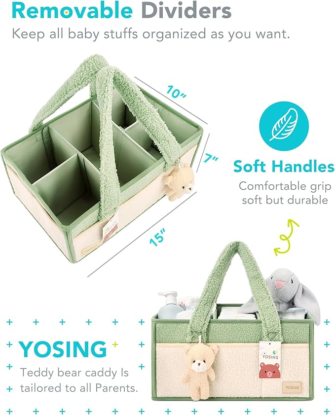 YOSING Diaper Caddy Organizer with 13 Pockets & Removable Dividers - Portable Baby Storage Basket for Nursery, Car Travel & Newborn Essentials, Green+ White