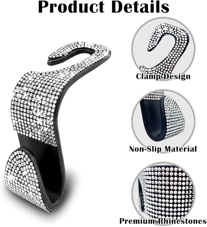 OSIFIT 2PCS Car Seat Hooks, Bling Rhinestone Headrest Hooks, Universal Bling Car Interior Accessories, for Handbag, Clothes, Purse, Water Bottle (White)