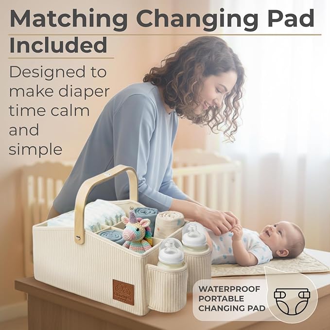 Diaper Caddy Organizer With Portable Changing Mat, LED Night Light, Wooden Handle & Shoulder Strap - Stylish Nursery Basket With Dividers - Newborn Essentials