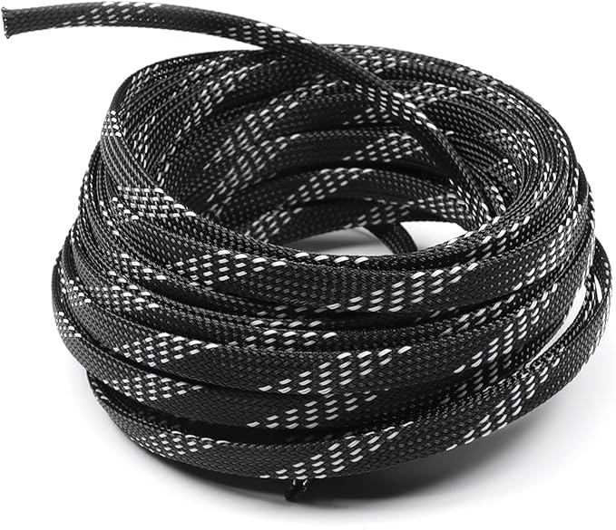 Aicosineg 32.81ft PET Flexible Braided Cable Sleeve 0.33inch Width Wire Loom Sleeving and Organizer Flexible Wire Mesh Sleeve Wrap Protector for TV Audio PC Cords from Pets Chewing Black and Yellow