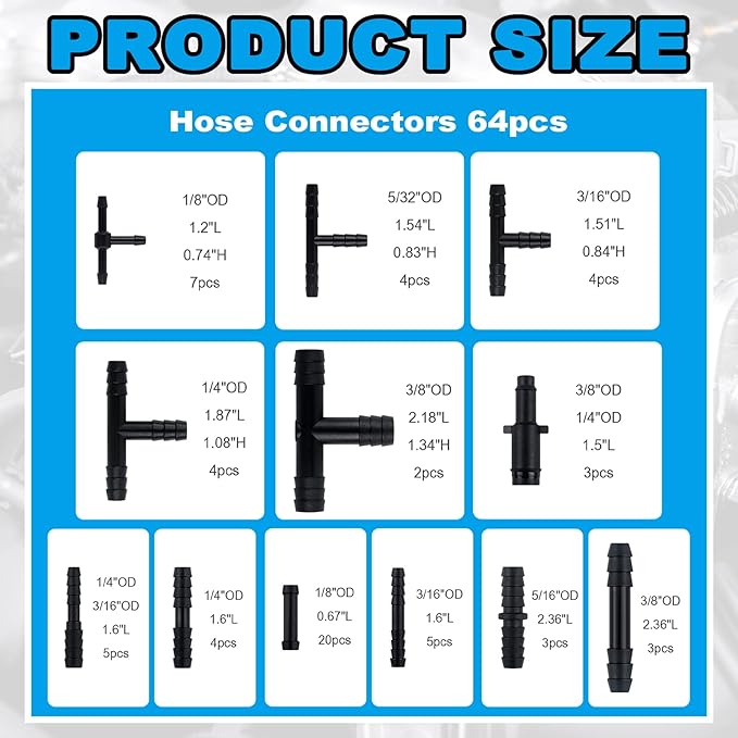 6PCS 5Ft Silicone Vacuum Hose Automotive Kit,ID 3/8",5/16",1/4",3/16",5/32",1/8" Vacuum Lines Automotive with Tee/Straight/Reducer Connector & Clamps,Professional Vacuums Line Kit (94PCS)