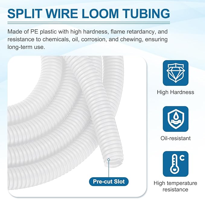 MECCANIXITY 1 1/4 Inch 10ft Split Wire Loom Tubing, Flexible Cord Protectors with Installation Tool Cable Management Sleeve Conduits Cover for Office Home Electrical Automotive Wires, White