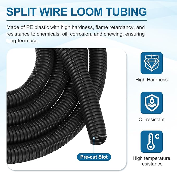 MECCANIXITY 1 1/4 Inch 20ft Split Wire Loom Tubing, Flexible Cord Protectors with Installation Tool Cable Management Sleeve Conduits Cover for Office Home Electrical Automotive Wires, Black