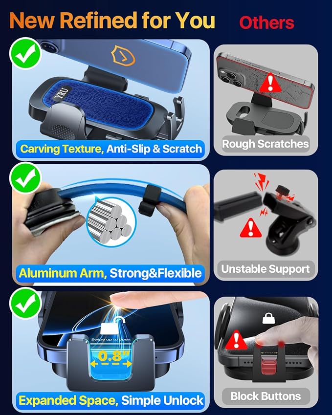YRU [2026 Ultimate Car Phone Holder Mount [Bendable & Adjustable Aluminum Arm] Cell Phone Holder for Car Dashboard Windshield Phone Stand for iPhone 17 16 15 14 Pro Max Samsung Pickup Truck, Dark Blue