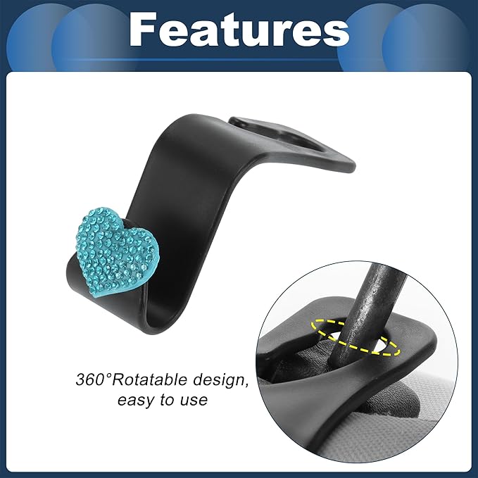 Car Seat Headrest Hook Interior Accessories for Most Car, SUV, Truck Car Seat Back Organizer Hooks Plastic Rhinestone Sturdy Blue 2.4"x1.26"