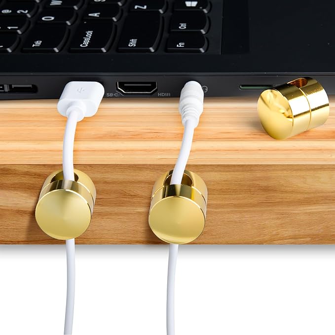 SmallCat 5 Sets Charger Holders for Cords, Gold Adjustable Cable Anchor Holders, Adhesive Metal Cord Clips, Cable Management Wire Organizers for Desk, Office, Nightstand