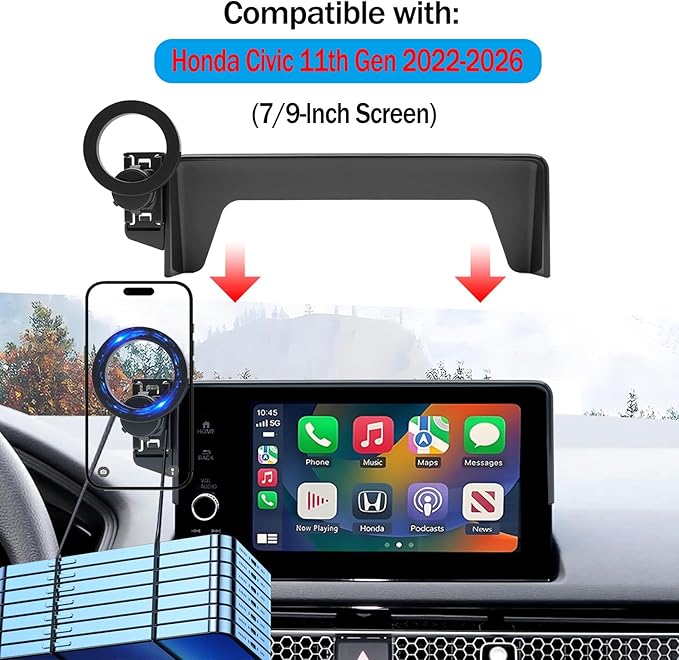 for 2022 2023 2024 2025 2026 Honda Civic 11th Gen Phone Holder, 7/9-inch Screen Fixed Clip, 360° Rotation, Compatible with MagSafe, for Honda Civic Accessories