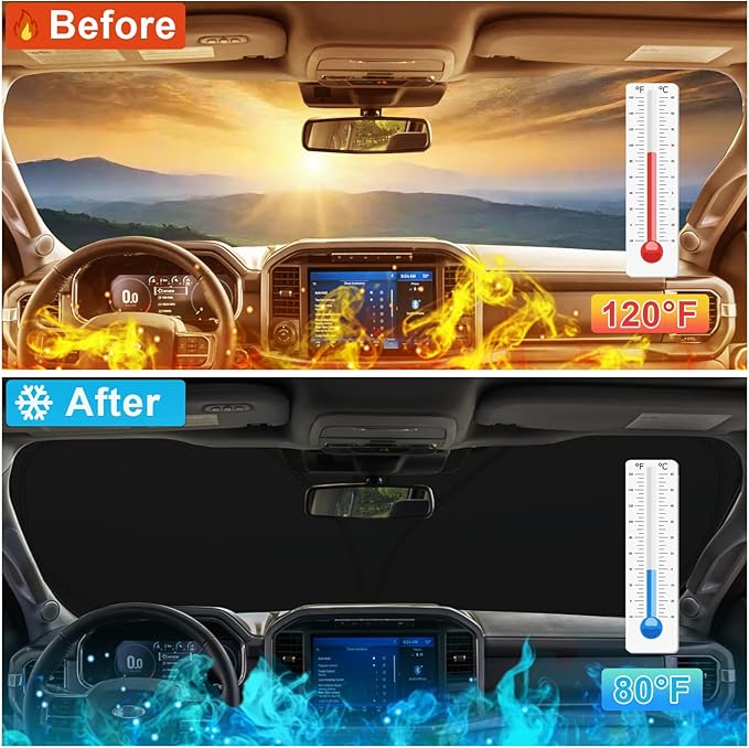 PIMCAR Windshield Sun Shade for Ford F150 2021-2026, Premium 310T Reflective UV Protection, Lightweight Foldable Sun Visor with Storage Pouch