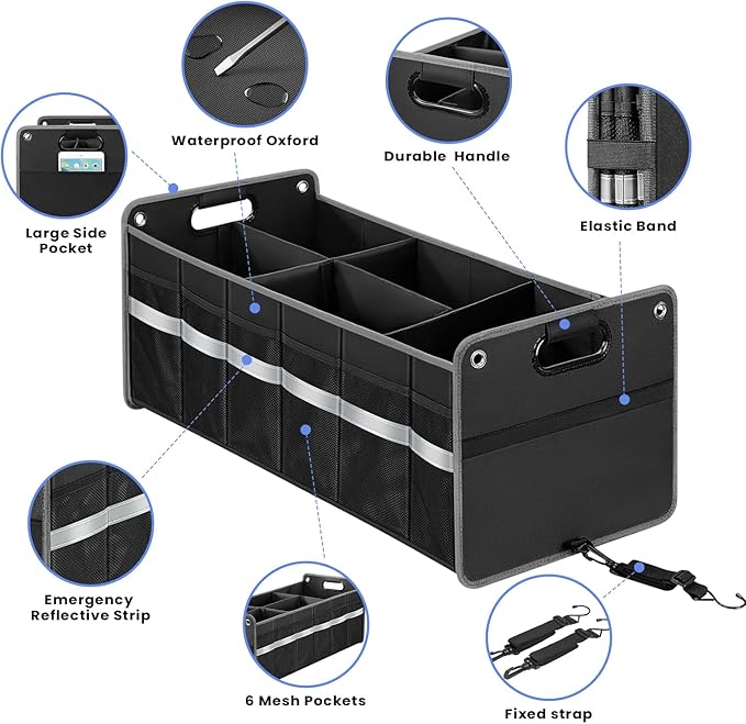 Car Trunk Organizer, Car Storage Organizer, Collapsible Multi Compartment for Car, Suv, Sedan, Truck, 100L, Extra Larger (Black, 100L)