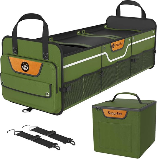 Car Trunk Organizer for SUV, Heavy Duty Waterproof Trunk Organizer, Foldable Collapsible Car Organizer with Cooler, Multi-Compartment Large Trunk Organizer (95L), Green-M003