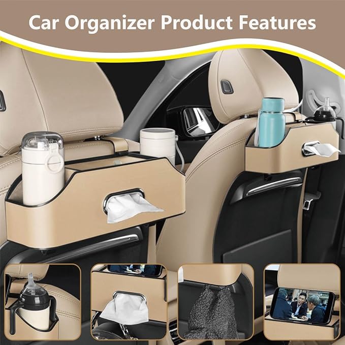 Backseat Car Organizer with 2 Drink Cup Holder - Tissue Holder - Car Seat Hooks for Headrest - Multi-functional Storage for Travel - Perfect for Kids, Adults(Beige)