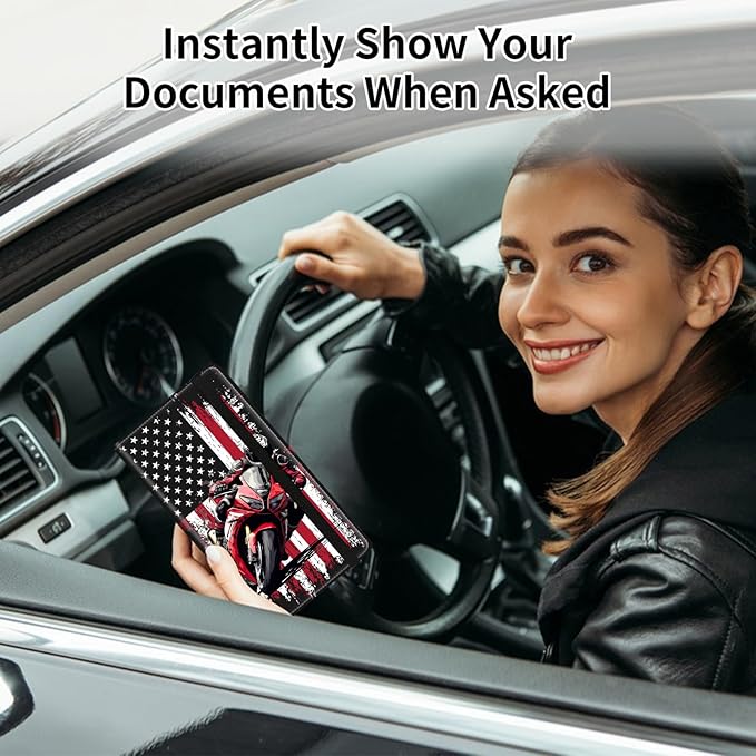Car Registration and Insurance Card Holder, Vehicle License Documents Glove Box Compartment Organizer Wallet, ID Card Holder for Car Essentials Automobile, American Flag Motorcycle