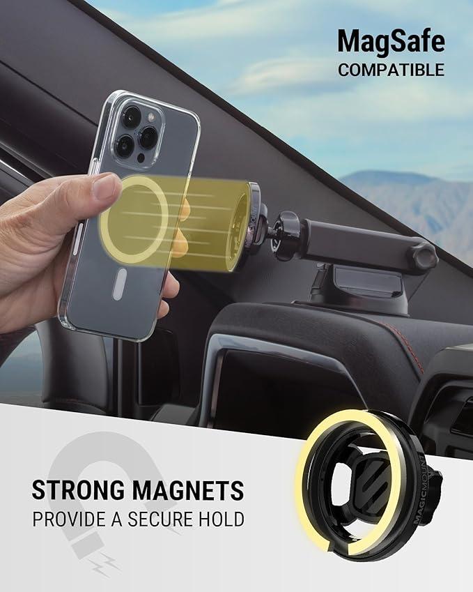Scosche MagSafe Car Mount, Suction Cup Windshield Phone Mount/Magnetic Cell Phone Holder for Car Dashboard with Extended Arm Compatible with Popsocket, Cellphone Stand Compatible with iPhone, Samsung