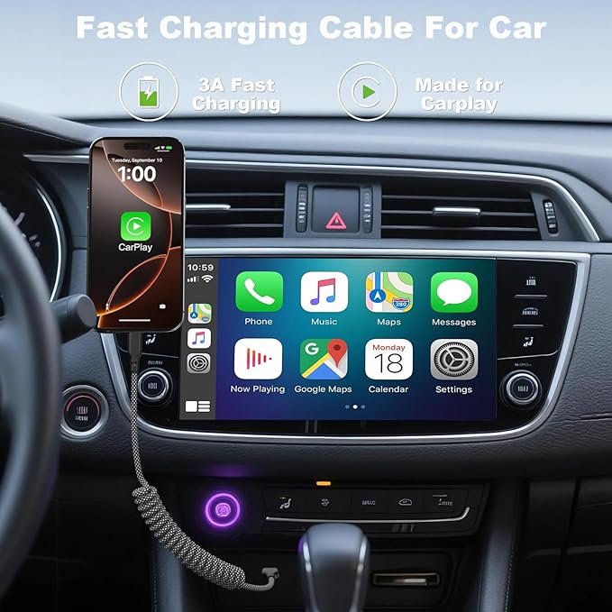 Coiled Carplay Car Charger Fast Charging，[2-Pack, 3ft] Retractable Braid USB A to USB C Cable for iPhone 17/17 Air/16/15/Plus/Pro Max/MacBook Pro, USB C Cord,Grey