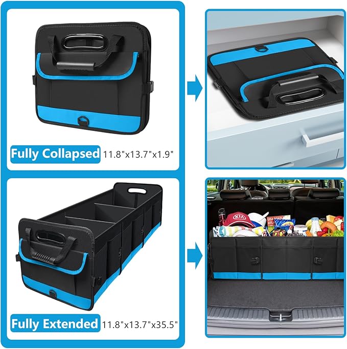 Trunk Organizer for Car, Car Storage Organizer with 2 adjustable straps, 95L Large Capacity Cargo Organizer for Suv, Truck, Sedan, Waterproof Portable Car Organizers for Women Men（Blue）