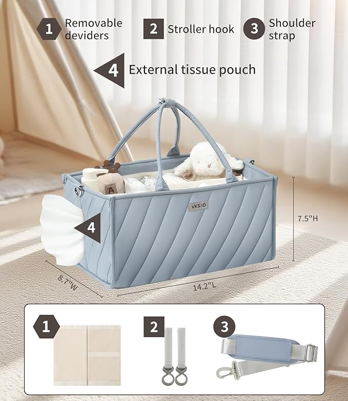Baby Boy Essentials Diaper Caddy Organizer – Portable Storage Basket with Shoulder Strap & Stroller Hooks, Splashproof Quilted Nursery & Car Tote, Baby Gifts for Baby Shower, Classic Blue