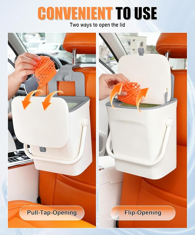 SINGARO Car Trash Can with Lid and Phone Holder, Universal Trash Bin, Waterproof Hanging Vehicle Garbage Can, Leak Proof Organizers and Storage, Car Accessories Interior for Women Men, White