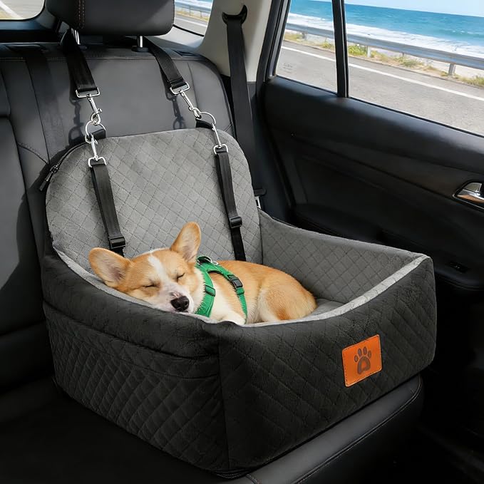 Small Dog Car Seat for Small Dogs Under 30 lbs, Memory Foam Pet Car Seat with Joint Relief & Washable Cover, Portable Travel Bed for SUV/Sedan (Grey)