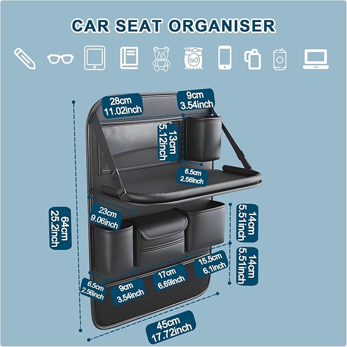 Car Backseat Organizer with Foldable Table Tray – Leather Seat Protector Kick Mats for Kids & Pets, 8 Storage Pockets Travel Organizer with Touch Screen Tablet Holder for SUV Truck Family Road Trips