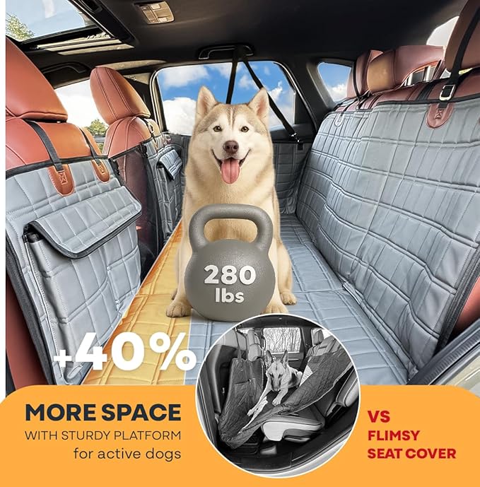 APetsPlanet Backseat Extender for Dogs, Dog Seat Cover Hard Bottom for Car Backseat & Truck Travel Bed, Platform Hammock Mat Converts Rear Seat Into Backseat Bed, Grey Leather with Door Covers