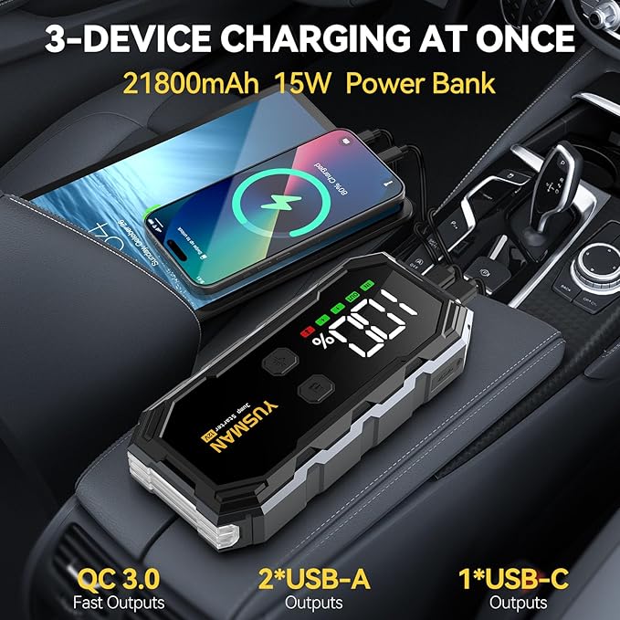 YUSMAN Car Jump Starter, 8000A 12V Jump Battery Pack (All Gas/10.0L Diesel), Portable Jump Starter with Display, Car Jump Starter with Extended Smart Cables, Quick Charge 3.0, LED Light