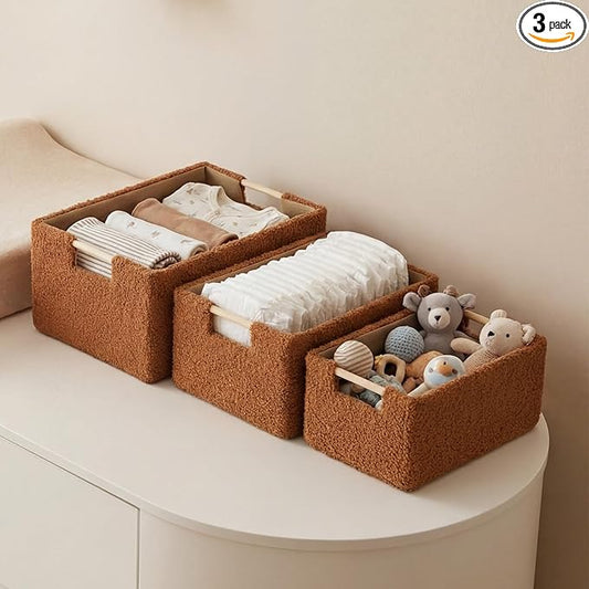 3 Pack Baby Diaper Caddys Organizer 3 Size Brown Baby Changing Basket Sherpa Fleece Diaper Storage Baskets Soft Plush Toy Bins BabyShower Gift for Nursery Car Portable Changing Table