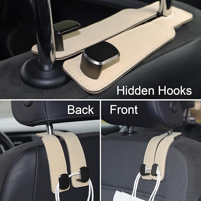 Purse and Bag Hook for Car, Zinc Alloy Seat Headrest Hooks, Upgraded Leather Car Seat Back Purses Hanger and Bags Holder (Beige, 2Pack)