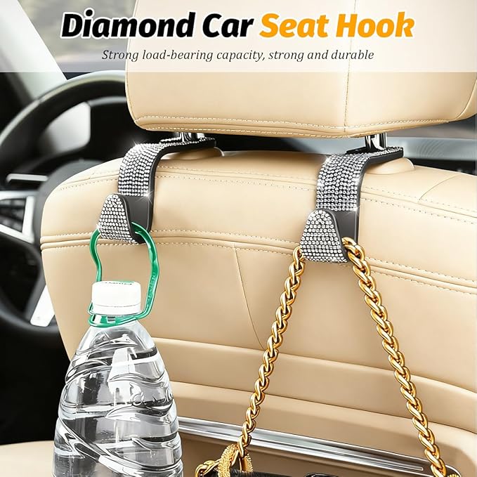 HZEL Bling Car Seat Headrest Hooks, 4PCS Crystal Rhinestone Vehicle Seat Back Hanger Holder for Purses Bag Handbags, Diamond Headrest Storage Organizer, Universal Auto Accessories (Red)