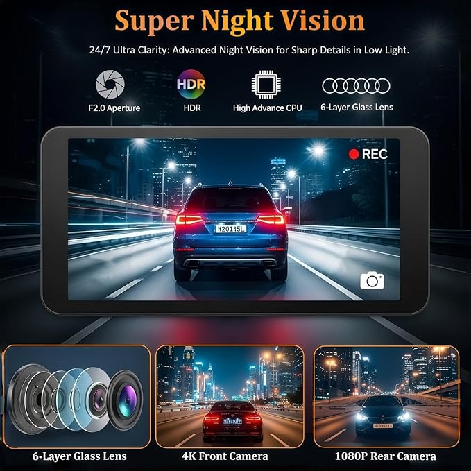 Dash Cam Front and Rear with GPS, 4K+1080P Dash Camera for Cars, 7Track Dual Car Camera with Built-in GPS Tracker, 64GB Card, 3.19" IPS Screen, WiFi, HDR, Night Vision, Parking Mode, Loop Recording
