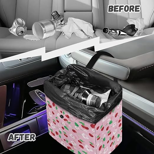 Cherry Blossom Car Trash Can Hanging Trash Bin Leak-Proof Collapsible Car Garbage Bag, Cherries Car Accessories 2 Gal Large Capacity Multipurpose Storage Container Pink