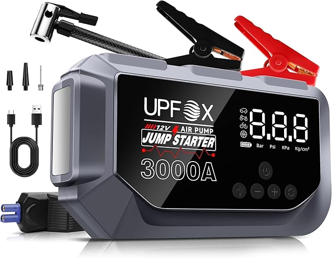 3000A Jump Starter with Air Compressor 12V, 44.4Wh Portable Car Jump Starter for 8.0L Gas & 6.0L Diesel Engines, 150PSI Tire Inflator with LED Display, Emergency Jump Box with Jumper Cables