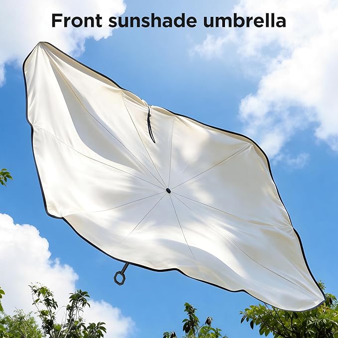 2026 Upgraded Windshield Sun Shade Umbrella [7-Layer Vinyl Coating Heat Shield] Foldable Front Window Sunshade Umbrella Flexible Handle Protect Interior from UV Keep Car Cooler (61" x 34.5")