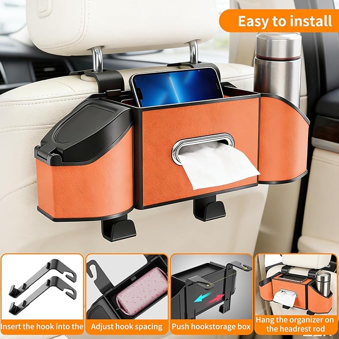 7-in-1 Multifunctional Car Seat Back Organizer, Car Back Seat Storage Box Trash Can & Cup Holder with Tissue Box, Hooks, Universal Fit for Most Cars, SUVs, Trucks (Orange)