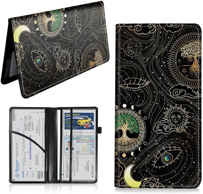 Car Registration and Insurance Card Holder, Vehicle License Documents Glove Box Compartment Organizer Wallet, ID Card Holder for Car Essentials Automobile, Tree of Life Sun Moon