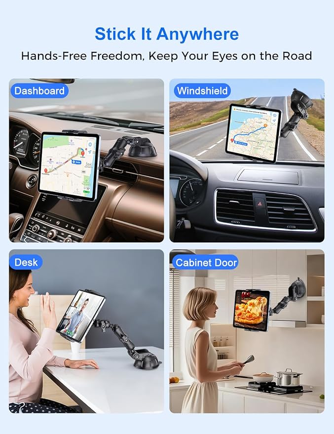 PLDHPRO Tablet Car Mount for Dashboard & Windshield, Heavy Duty iPad Holder for Truck, 360° Adjustable Suction Cup Stand Fits 5.1–15.6” Tablets & Phones, Stable for GPS & Road Trips