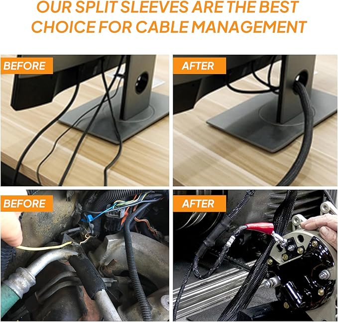 Self-Closing Split Braided Cable Organizer,Curly Cord Protector for Car High Temp Harness Sleeve/Computer Desk Audio Wire Covers (Black 1/2"-22ft)