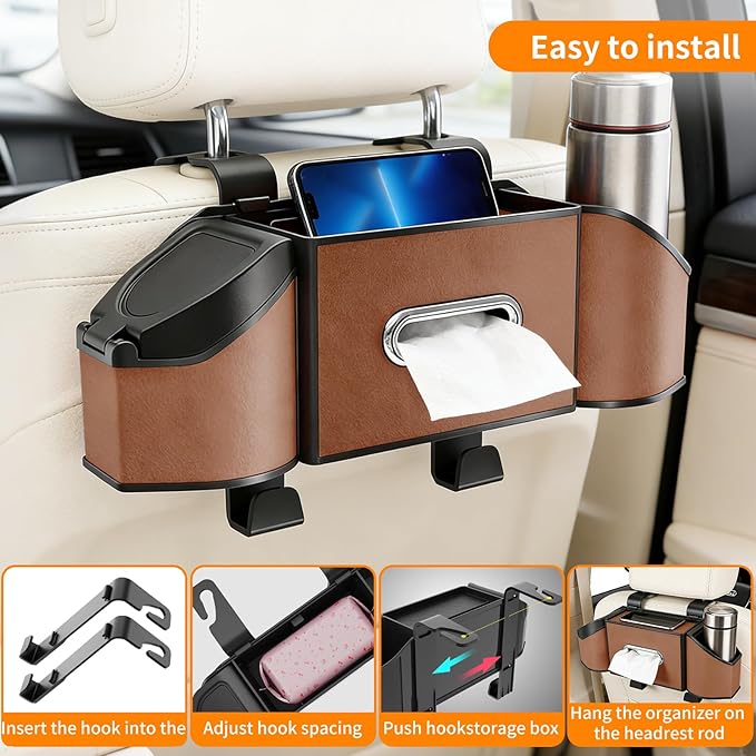7-in-1 Multifunctional Car Seat Back Organizer, Car Back Seat Storage Box Trash Can & Cup Holder with Tissue Box, Hooks, Universal Fit for Most Cars, SUVs, Trucks (Brown)