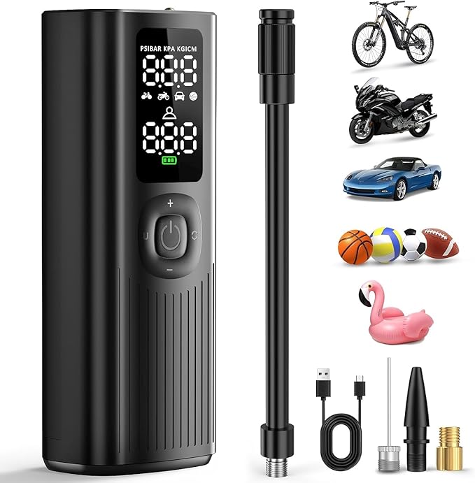 Portable Tire Inflator for Car Tires, 150 PSI Cordless Air Compressor with Digital Pressure Gauge, Auto Shut Off & LED Light, Fast Inflation Electric Air Pump for Car, Bike, Motorcycle, Ball (Black-C)