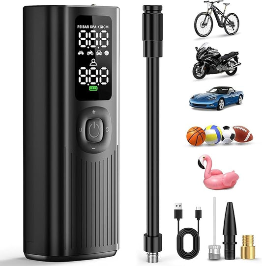 Portable Tire Inflator for Car Tires, 150 PSI Cordless Air Compressor with Digital Pressure Gauge, Auto Shut Off & LED Light, Fast Inflation Electric Air Pump for Car, Bike, Motorcycle, Ball (Black-C)